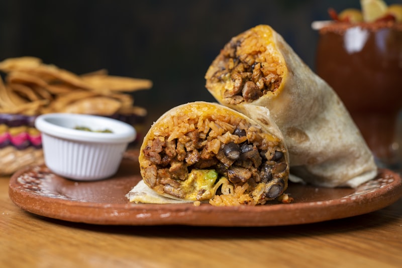 Burrito cut in half with filling