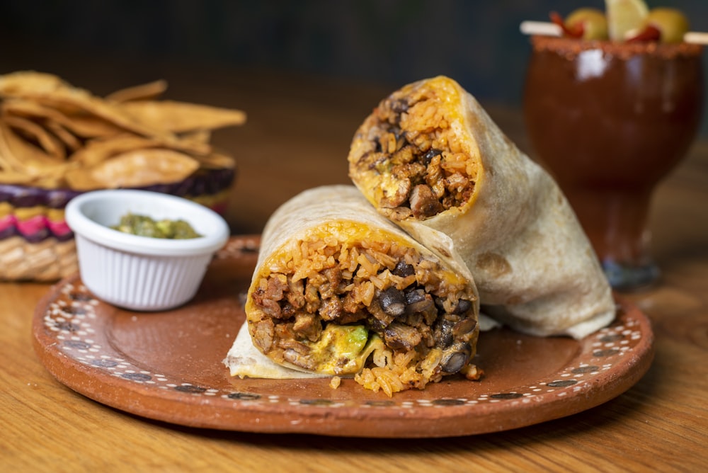 Grilled burrito halves with rice and beans